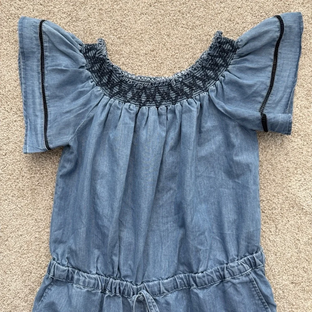 Love Tree Romper Womens Large Blue Chambray Smocked Off Shoulder Flutter Sleeve